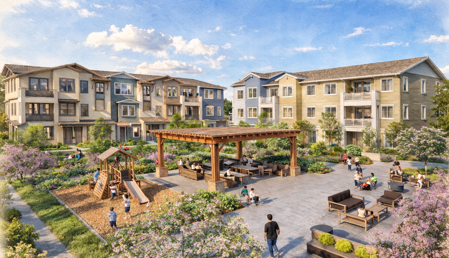 Watercolor illustration of affordable housing in Village Farms Davis