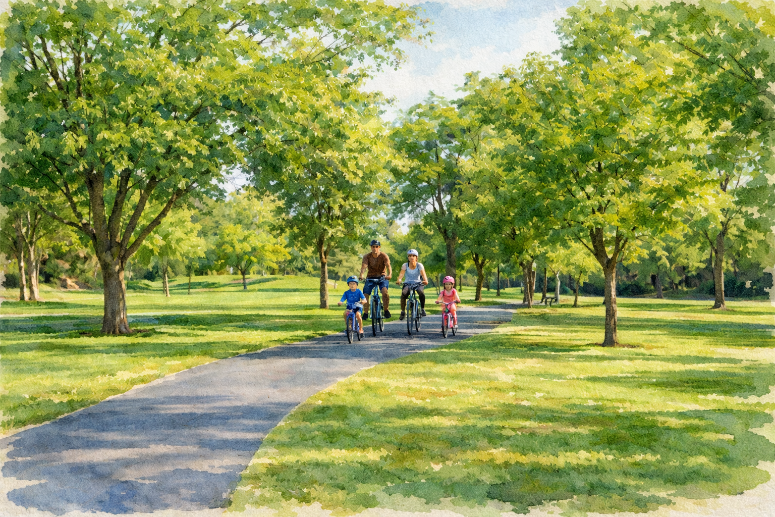 Family biking on the Davis greenbelt