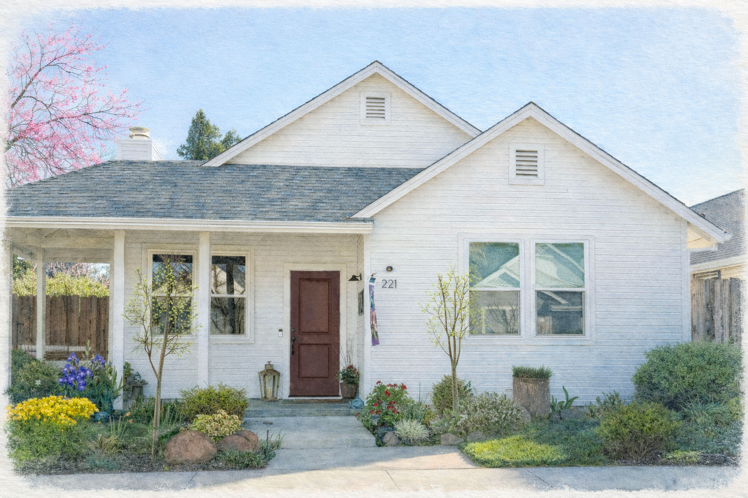 Watercolor illustration of market-rate homes in Village Farms Davis